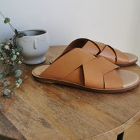 intrecciato tan leather slides