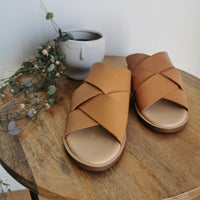 intrecciato tan leather slides